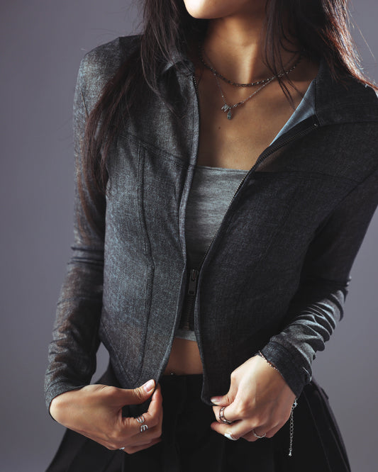 See-Through Denim Zip-Up Mesh Crop Jacket