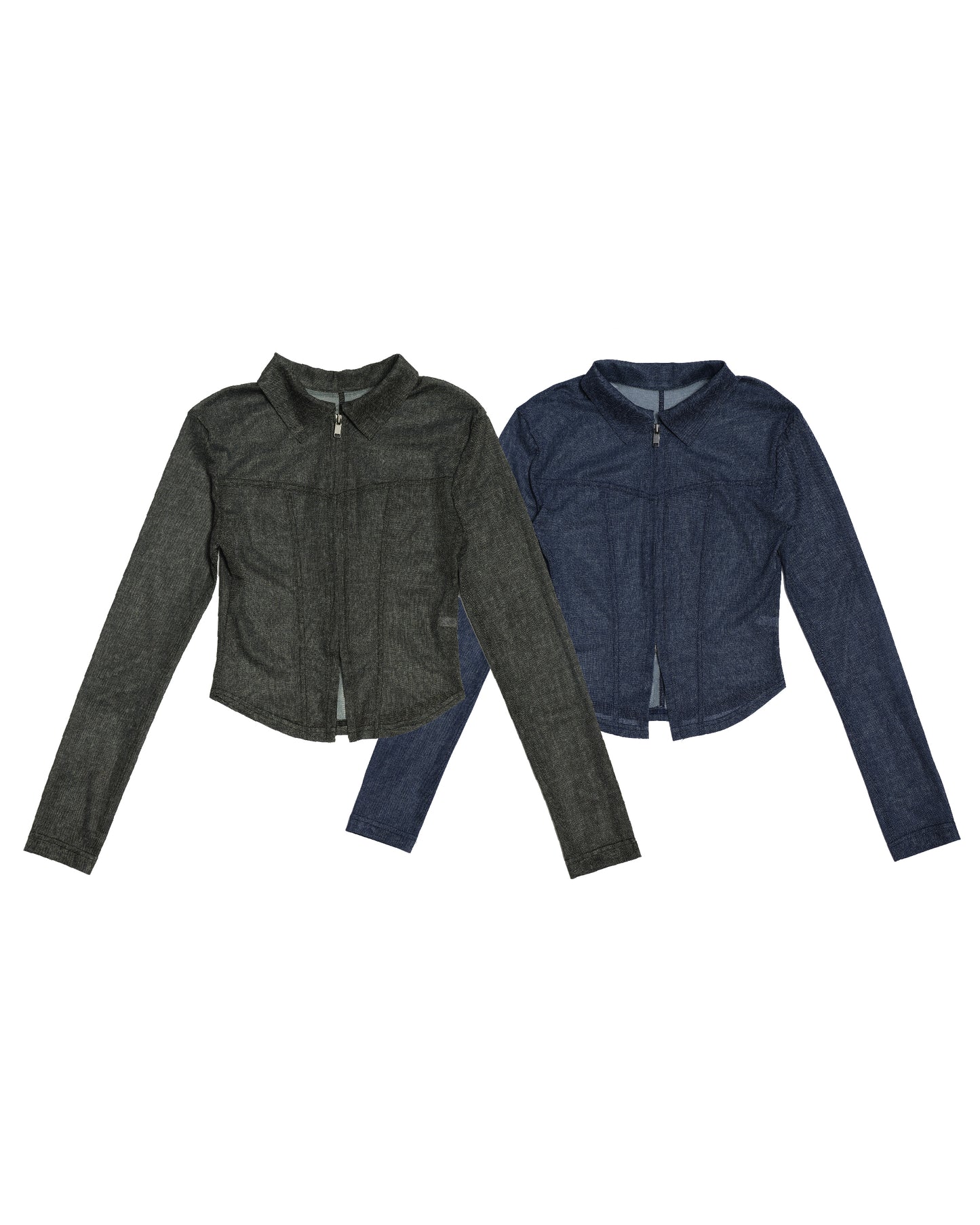 See-Through Denim Zip-Up Mesh Crop Jacket